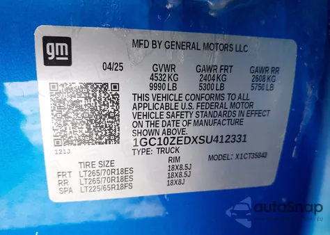 2025 Chevrolet Silverado Ev Lt z USA, uszkodzony, nr VIN 1GC10ZEDXSU412331